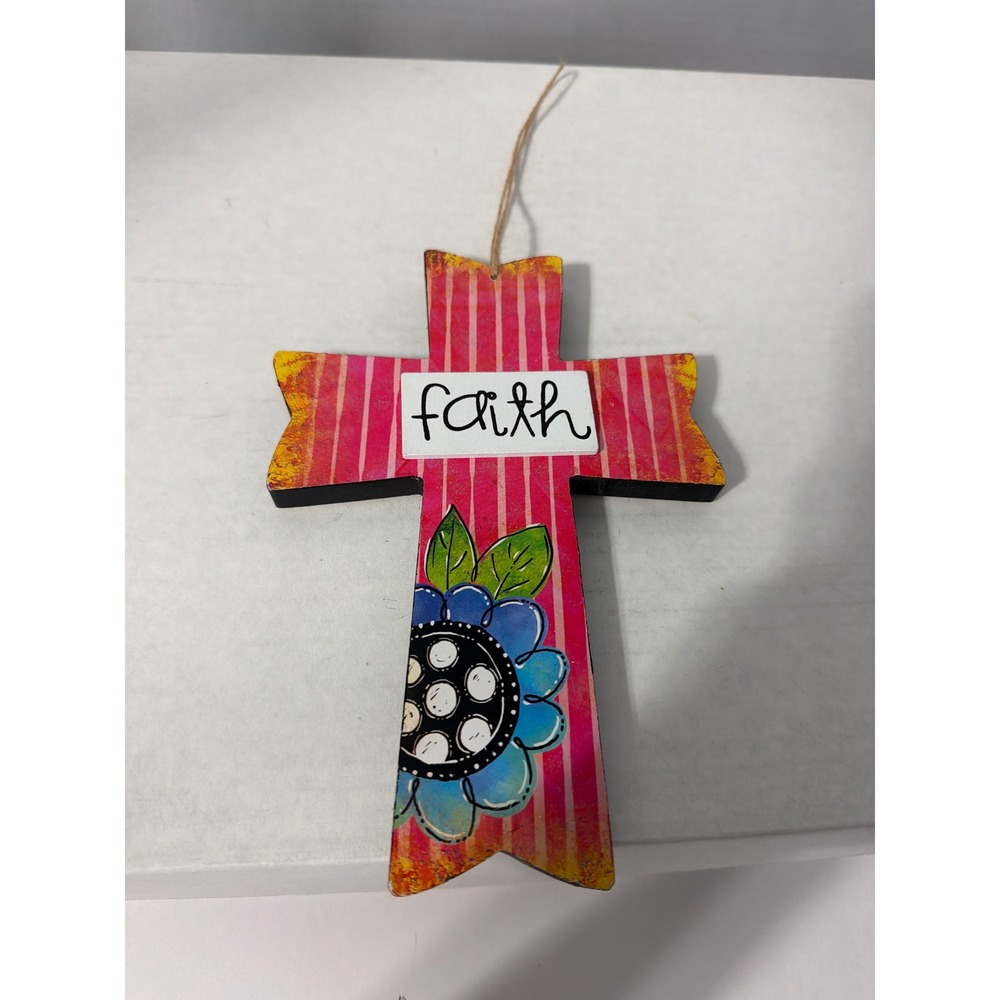 Faith Wooden Cross Wall Decor Pink Striped Floral Religious - Picture 1 of 3